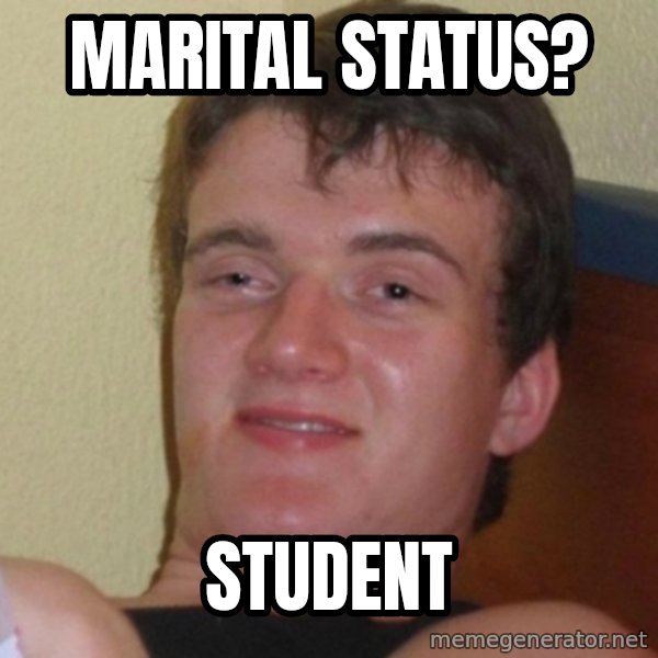 Really Stoned Guy meme: marital status? / student