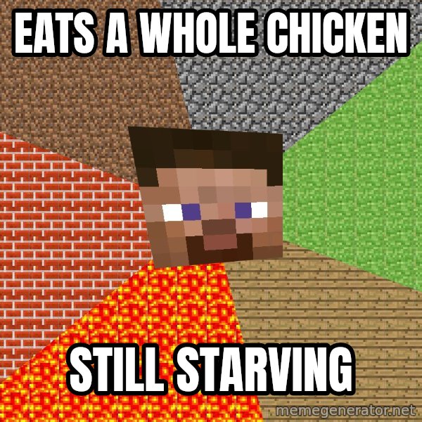 Minecraft Guy meme: Eats a whole chicken / still starving