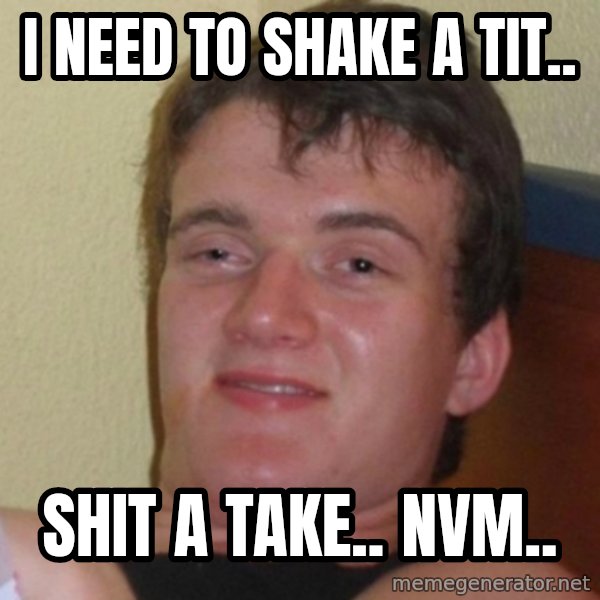 Really Stoned Guy meme: I NEED TO SHAKE A TIT.. / Shit a take.. NVM..
