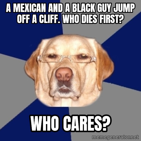 Racist Dog meme: A mexican and a black guy jump off a cliff. who dies first? / who cares?