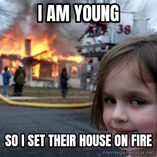 Disaster Girl meme: I am young / so i set their house on fire