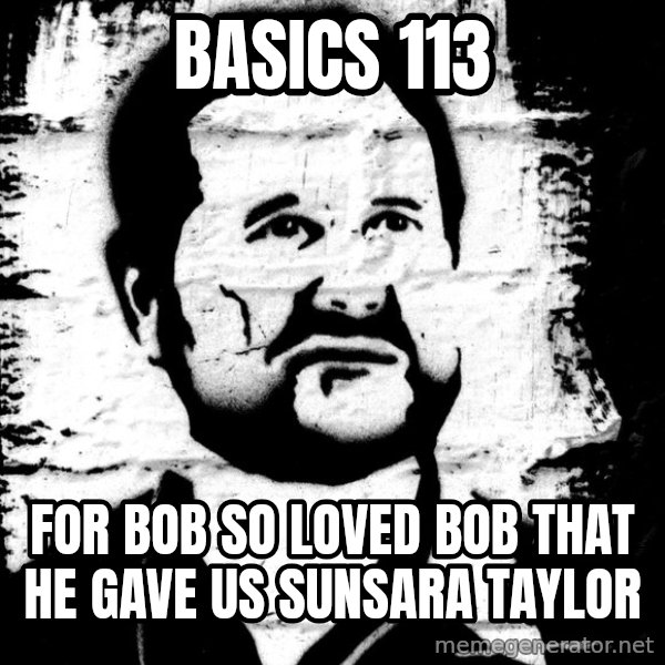 Blob Avakian meme: BASics 113 / for bob so loved bob that he gave us sunsara taylor