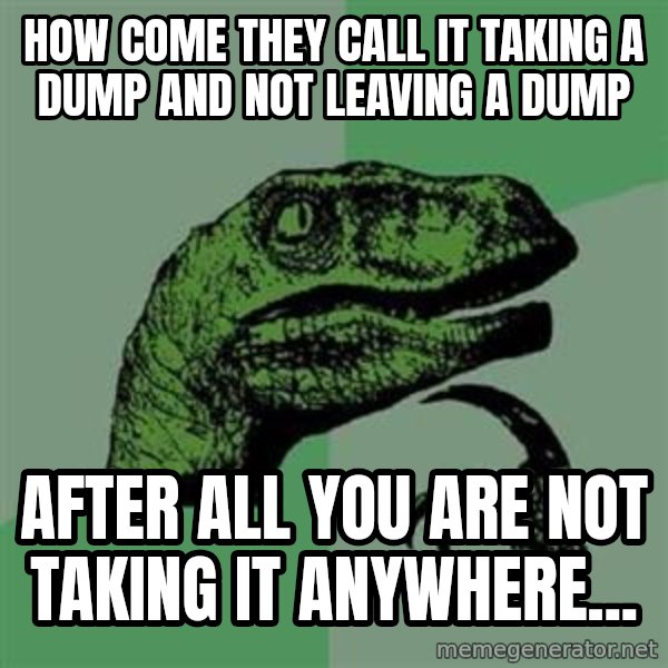 Philosoraptor meme: how come they call it taking a dump and not leaving a dump / after all you are not taking it anywhere...