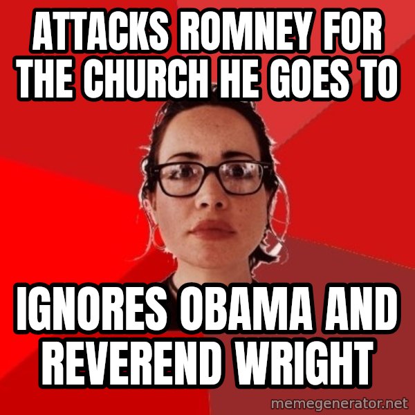 Liberal Douche Garofalo meme: attacks romney for the church he goes to / ignores obama and reverend wright
