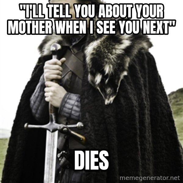 Ned Stark meme: "I'll tell you about your mother when I see you next" / Dies