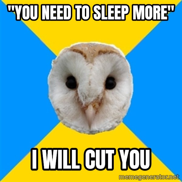 Bipolar Owl meme: "YOU NEED TO SLEEP MORE" / I WILL CUT YOU