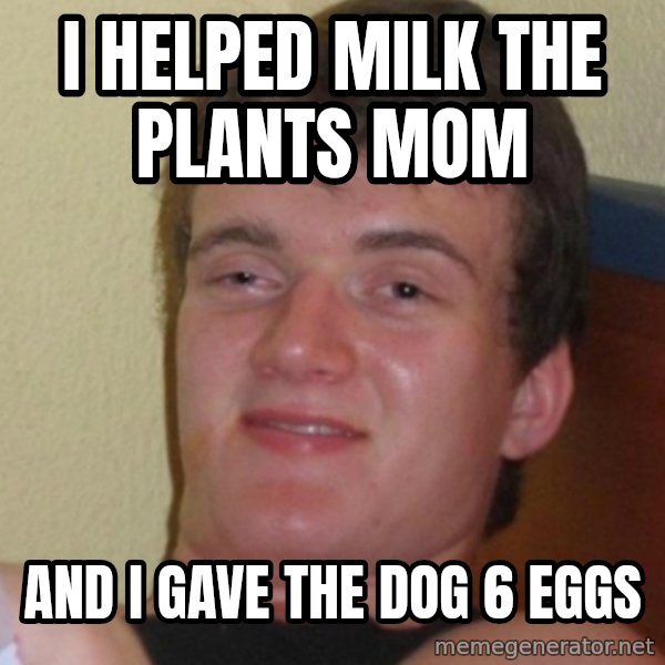 Stoner Stanley meme: i helped milk the plants mom / and i gave the dog 6 eggs