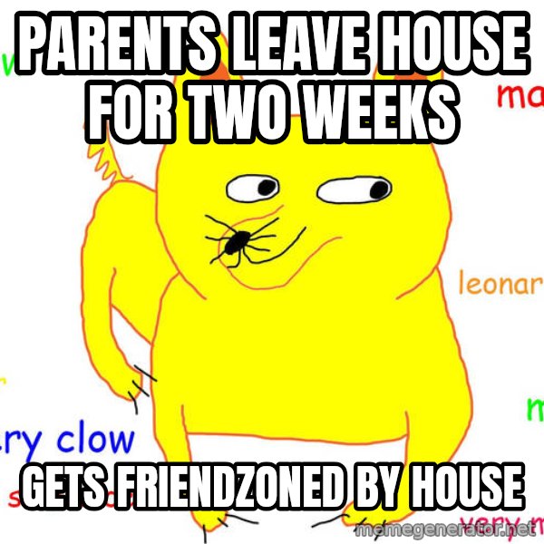 Forever Alone meme: PaRents lEave house for Two weEKs / Gets frIendzoned by house