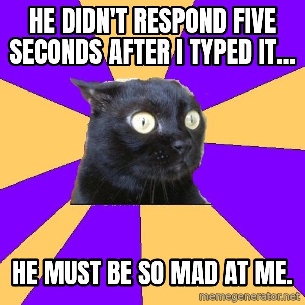 Anxiety Cat meme: He didn't respond five seconds after I typed it... / He must be so mad at me.