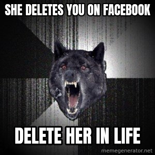 Insanity Wolf meme: she deletes you on facebook / delete her in life
