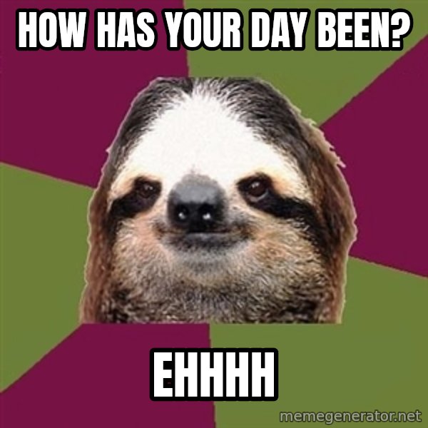Just-Lazy-Sloth meme: How has your day been? / Ehhhh