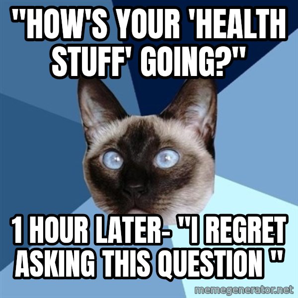 Chronic Illness Cat meme: "How's your 'health stuff' going?" / 1 hour later- "i regret asking this question "