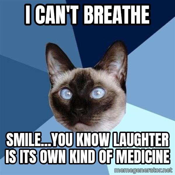 Chronic Illness Cat meme: I can't breathe / smile...You know laughter is its own kind of medicine