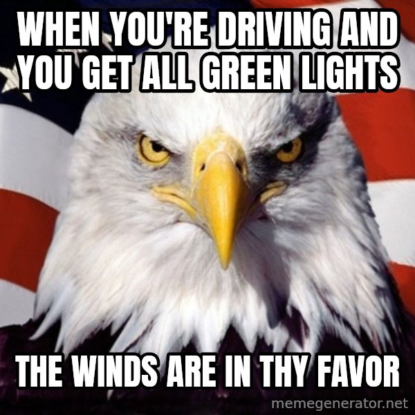American Pride Eagle meme: when you're driving and you get all green lights / The winds are in thy favor