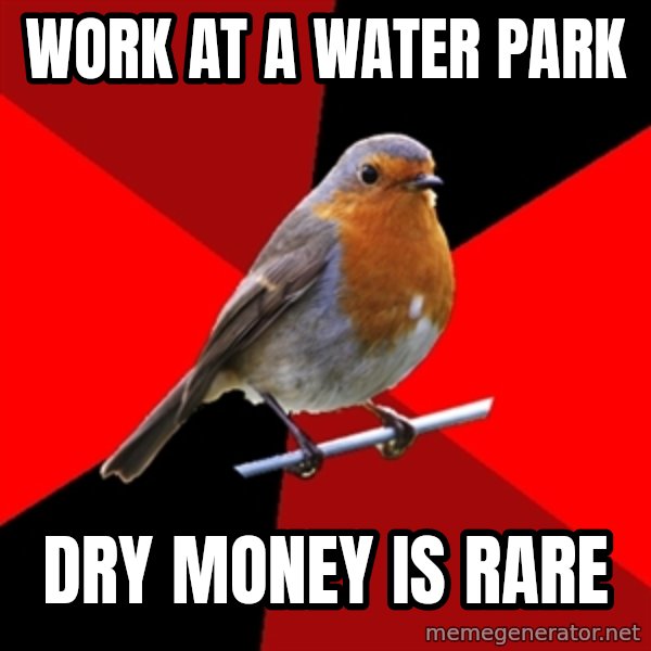 Retail Robin meme: Work at a water park / Dry money is rare