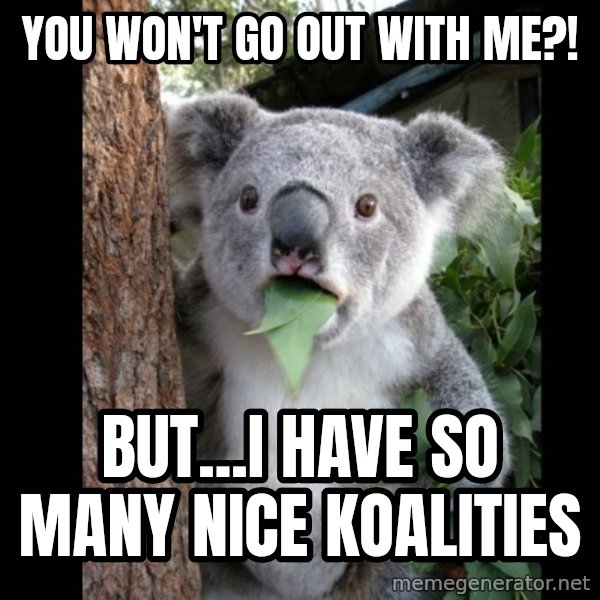 Koala can't believe it meme: you won't go out with me?! / but...i have so many nice koalities