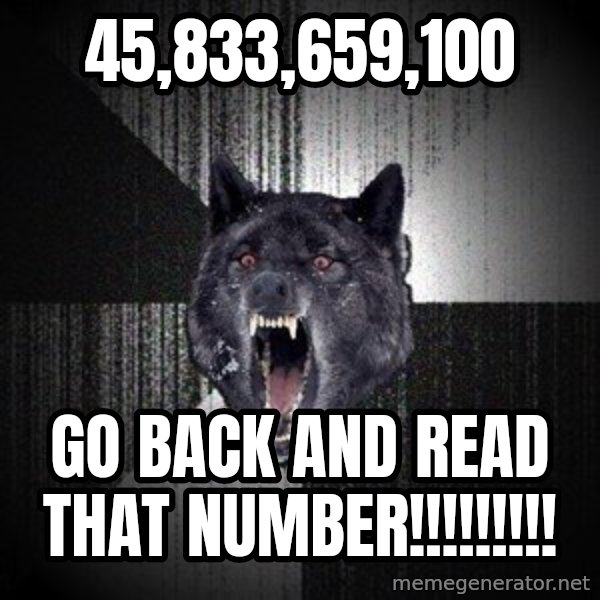 Insanity Wolf meme: 45,833,659,100 / GO BACK AND READ THAT NUMBER!!!!!!!!!