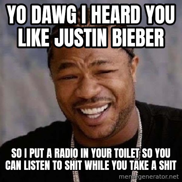 Yo Dawg meme: Yo dawg i heard you like justin bieber / so i put a radio in your toilet so you can listen to shit while you take a shit