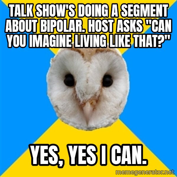 Bipolar Owl meme: Talk show's doing a segment about bipolar. Host asks "can you imagine living like that?" / Yes, yes I can.
