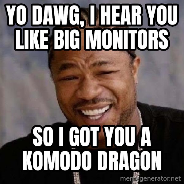 Yo Dawg meme: Yo Dawg, I hear you like big monitors / So I got you a Komodo Dragon