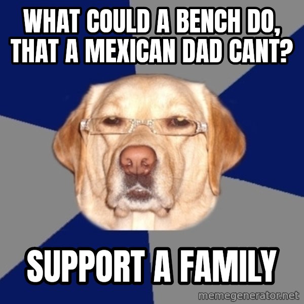 Racist Dog meme: What could  a bench do, that a mexican dad cant? / Support a family
