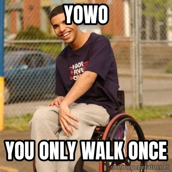 Drake Wheelchair meme: YOWO / you only walk once