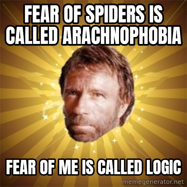 Chuck Norris Advice meme: fear of spiders is called arachnophobia / fear of me is called logic