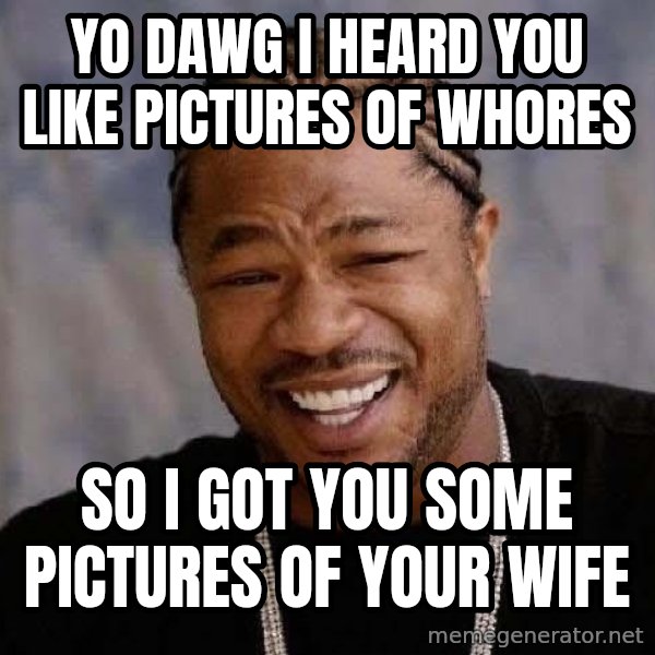 Yo Dawg meme: yo dawg i heard you like pictures of whores / so i got you some pictures of your wife