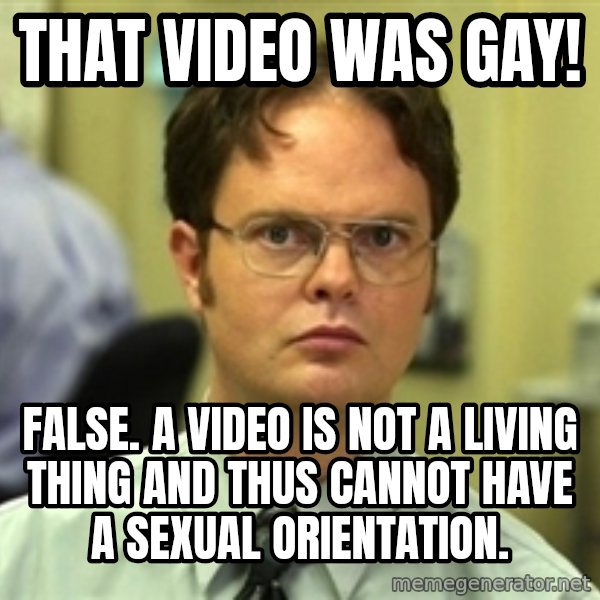 Dwight Schrute meme: That video was gay! / false. a video is not a living thing and thus cannot have a sexual orientation.