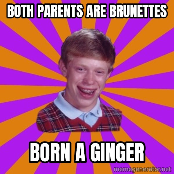 Unlucky Brian Strikes Again meme: both parents are brunettes / born a ginger