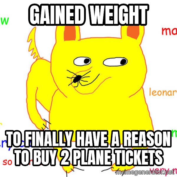 Forever Alone meme: Gained Weight / To finally have a reason to buy 2 plane tickets
