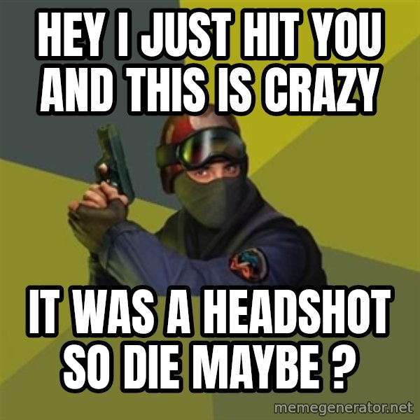 Counter Strike meme: Hey i just hit you and this is crazy / it was a headshot so die maybe ?