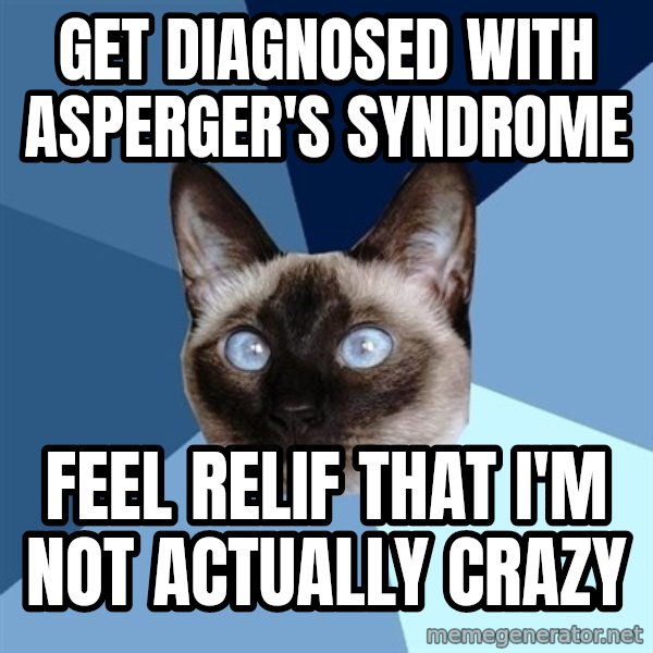 Chronic Illness Cat meme: Get diagnosed with asperger's syndrome / feel relif that i'm not actually crazy