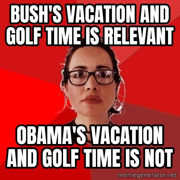 Liberal Douche Garofalo meme: Bush's vacation and golf time is relevant / obama's vacation and golf time is not