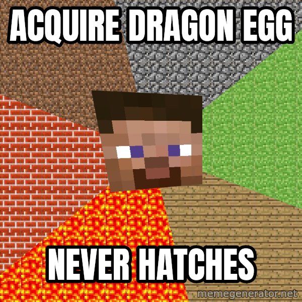 Minecraft Guy meme: ACQUIRE dragon egg / never hatches