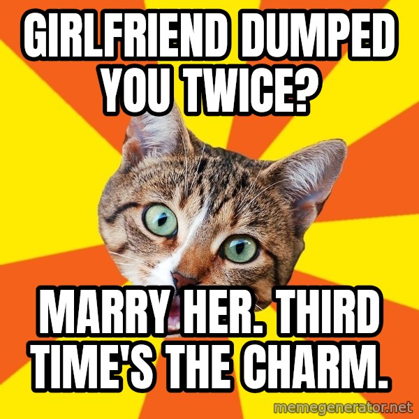 Bad Advice Cat meme: Girlfriend dumped you twice? / marry her. third time's the charm.