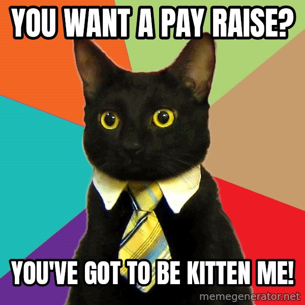 Business Cat meme: you want a pay raise? / you've got to be kitten me!