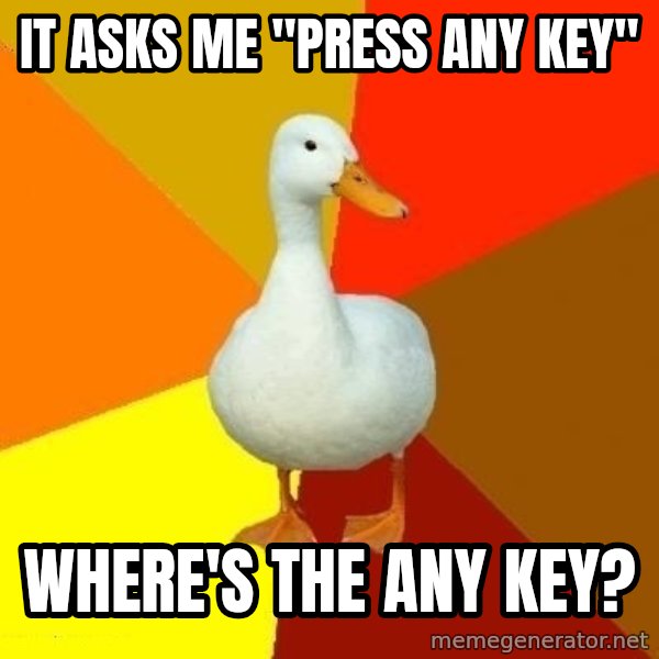 Technologically Impaired Duck meme: it asks me "press any key" / where's the any key?