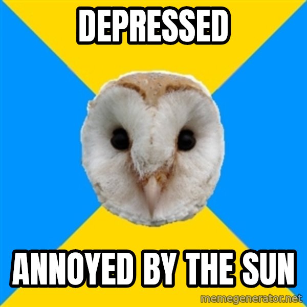 Bipolar Owl meme: depressed / annoyed by the sun