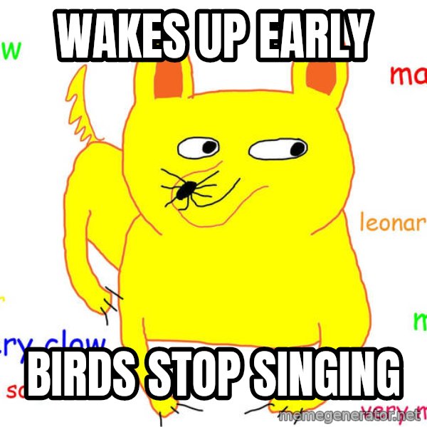 Forever Alone meme: wakes up early / birds stop singing