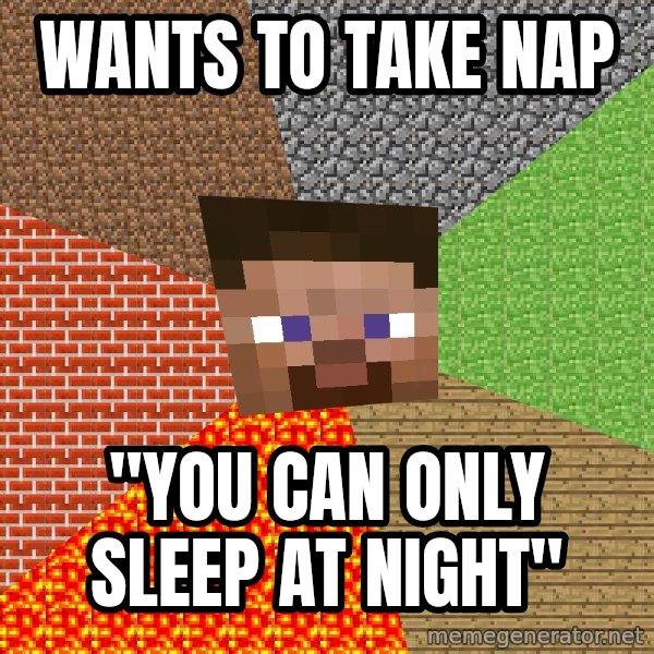 Minecraft Guy meme: wants to take nap / "you can only sleep at night"