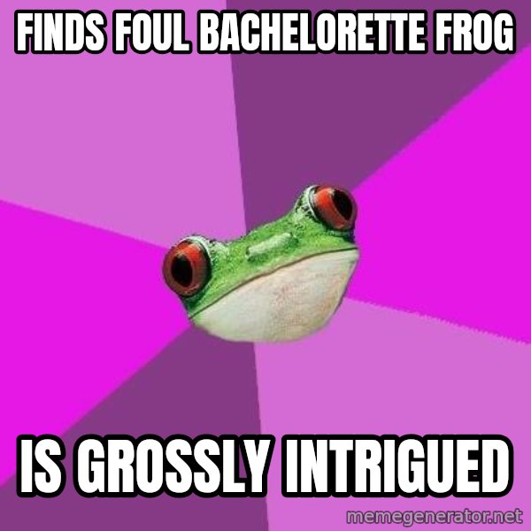 Foul Bachelorette Frog meme: FINDS FOUL BACHELORETTE FROG / IS GROSSLY INTRIGUED