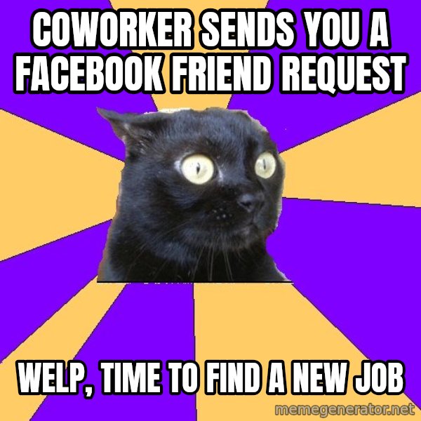 Anxiety Cat meme: Coworker sends you a facebook friend request / welp, time to find a new job