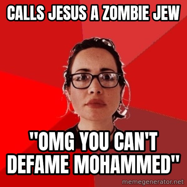 Liberal Douche Garofalo meme: calls jesus a zombie jew / "OMG you can't defame Mohammed"