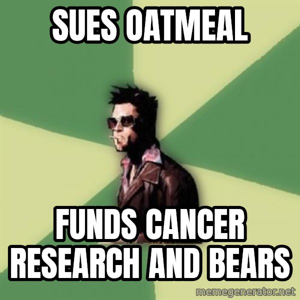 Tyler Durden meme: Sues Oatmeal / funds cancer research and bears