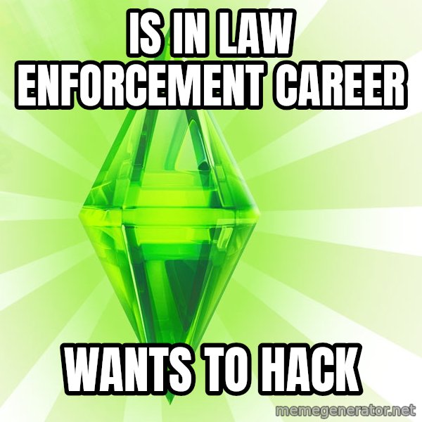Sims meme: iS IN Law enforcement CAREER / wants to hack