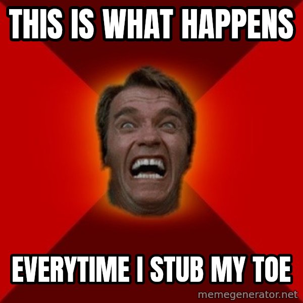 Angry Arnold meme: This is what happens / everytime i stub my toe