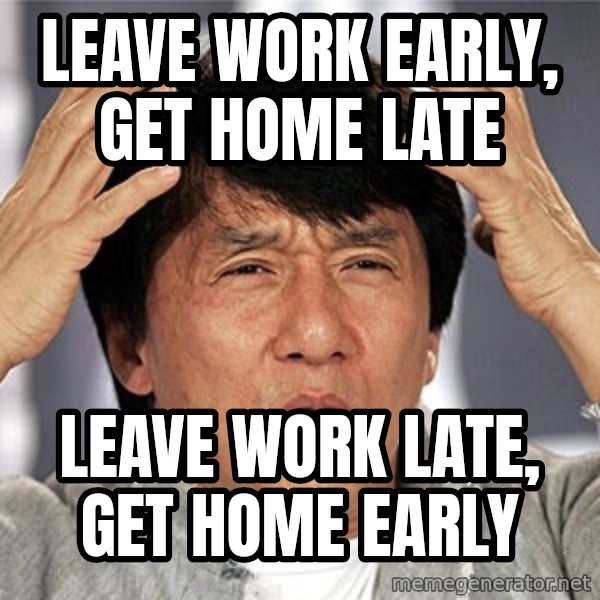 Jackie Chan meme: Leave work early, get home late / Leave work late, get home early