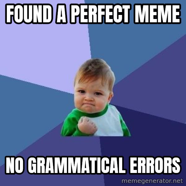 Success Kid meme: found a perFect meme / no grammatical errors