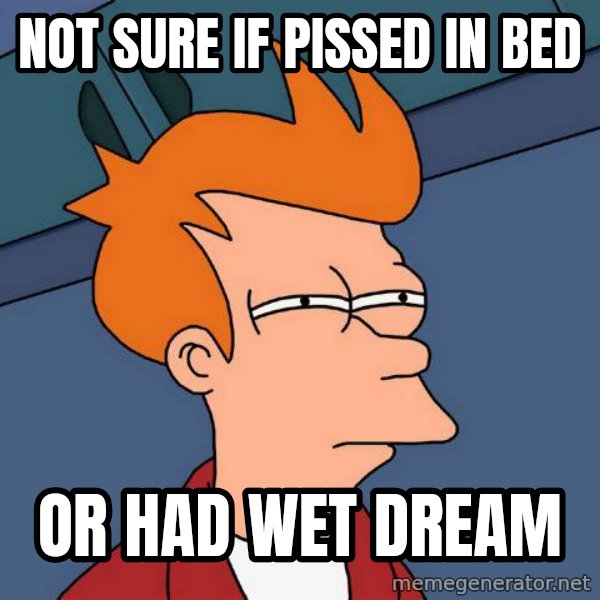 Futurama Fry meme: not sure if pissed in bed / or had wet dream